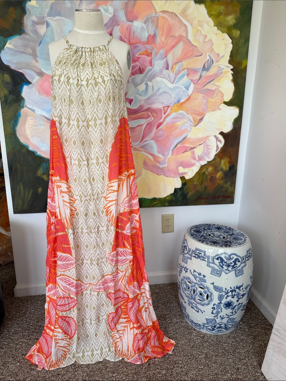 ECHO New York Boho Halter Maxi Dress in Cream, Olive and Coral Pink